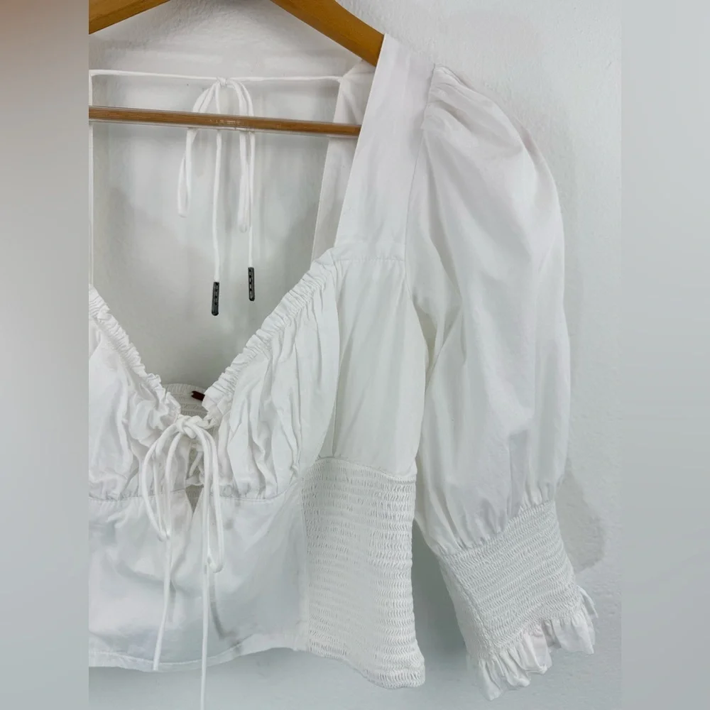 Free People White Cotton Smocked 3/4 Sleeve Peasant Crop Top Size S/M